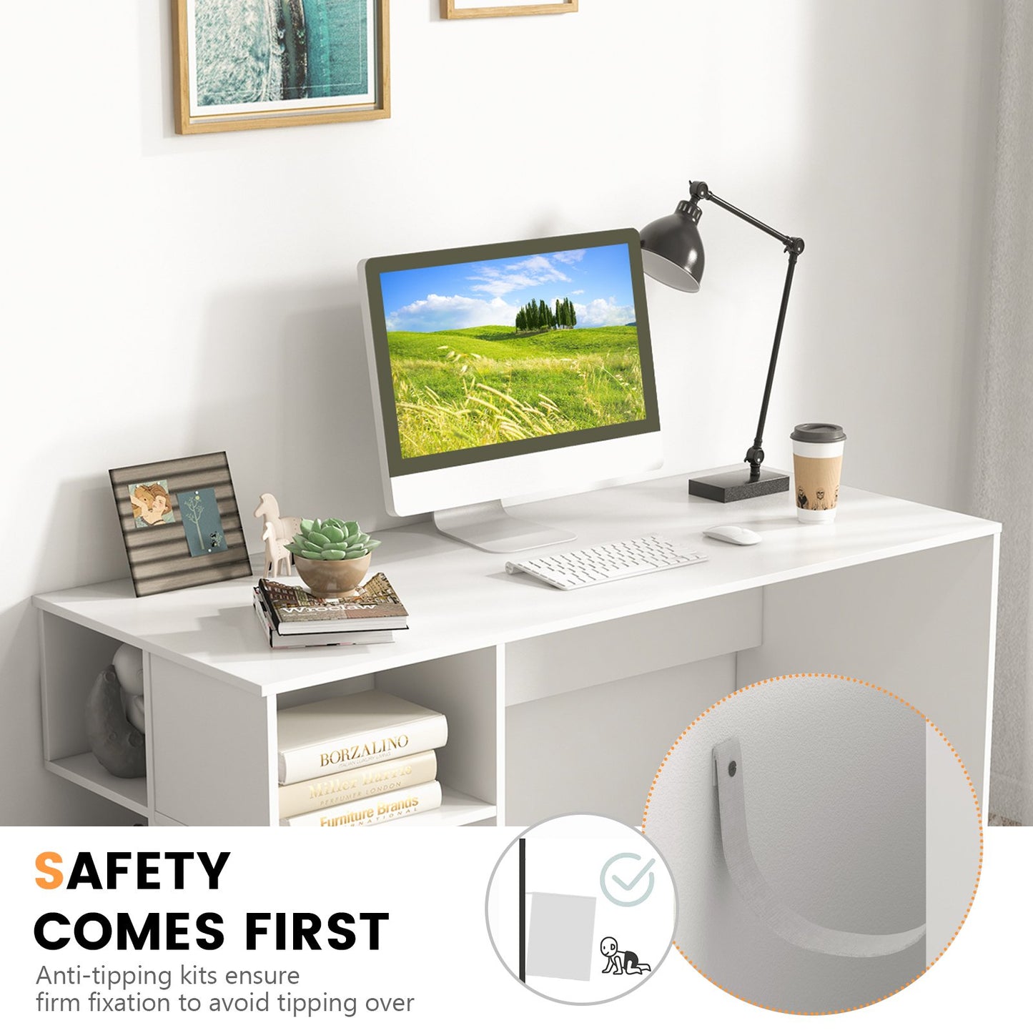Modern Computer Desk with Storage Shelves and Anti-Tipping Kits-White