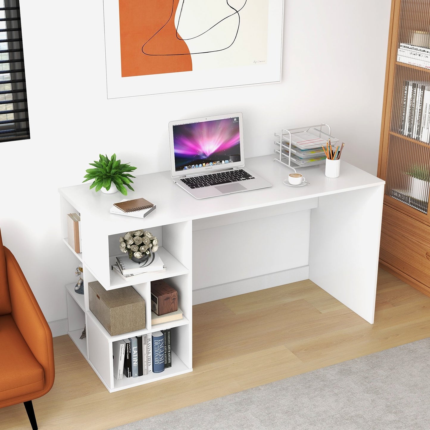 Modern Computer Desk with Storage Shelves and Anti-Tipping Kits-White
