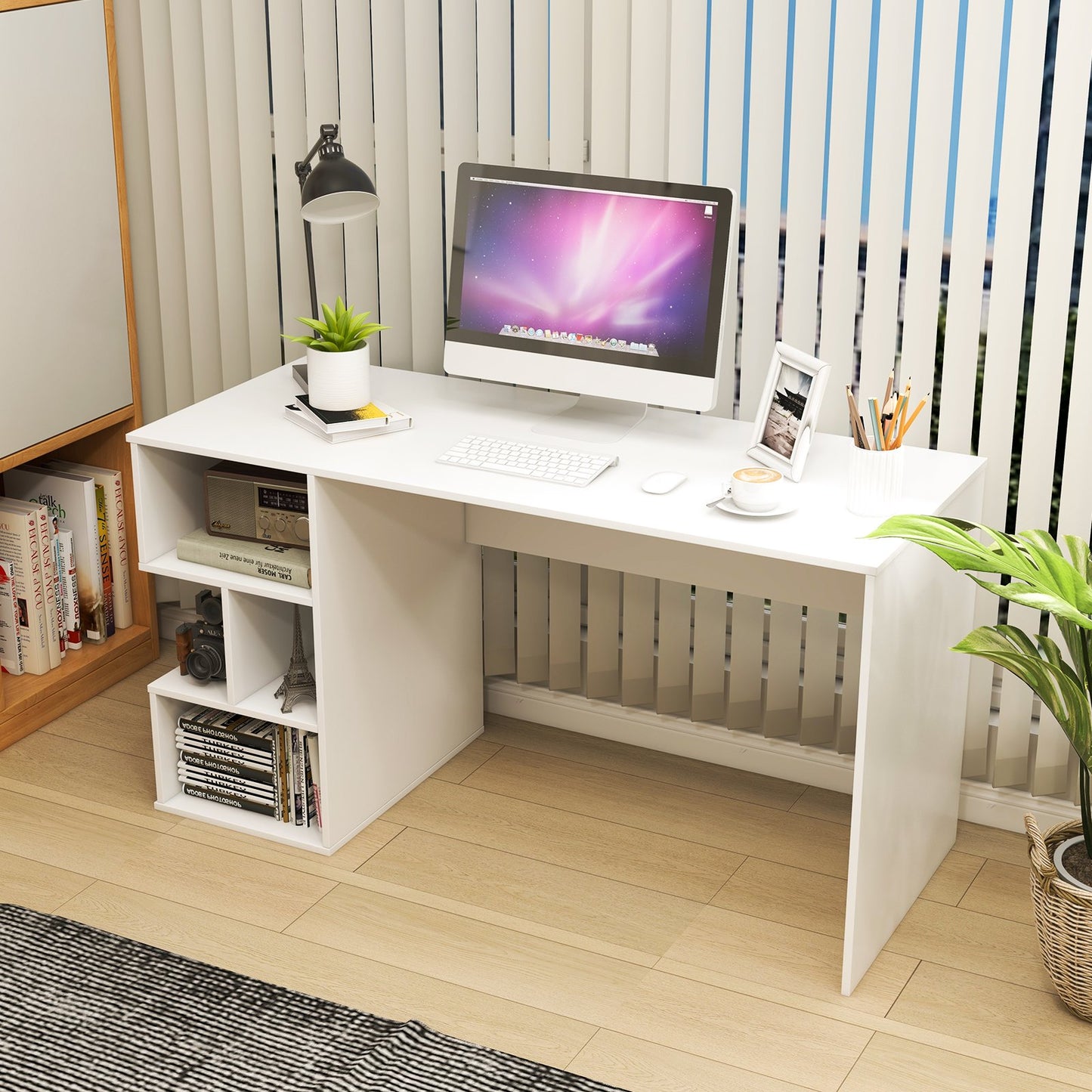 Modern Computer Desk with Storage Shelves and Anti-Tipping Kits-White
