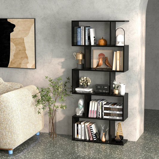 Geometric S-Shaped Bookcase with Anti-Toppling Device for Living Room Home Office-Black