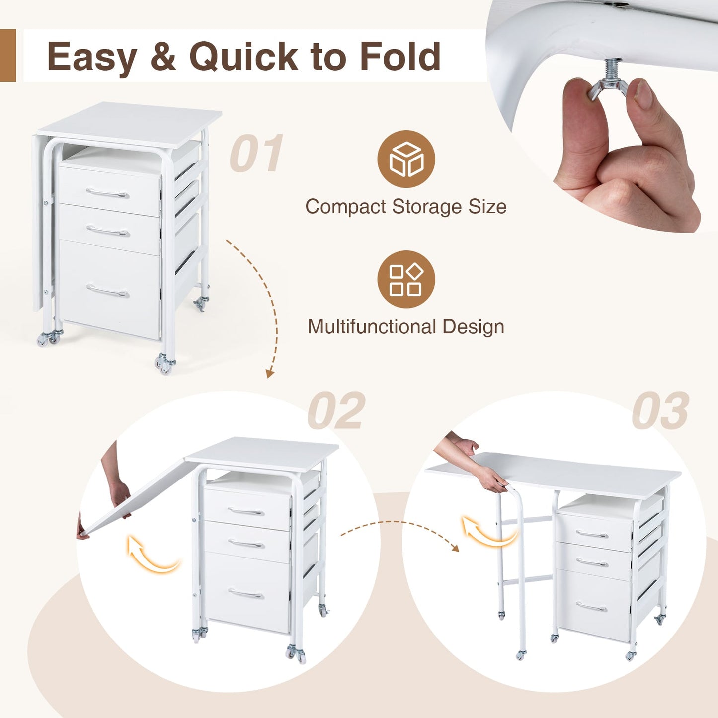 Folding Desk with 3 Drawers Storage & Rolling Wheels for Living Room Space-Saving-White