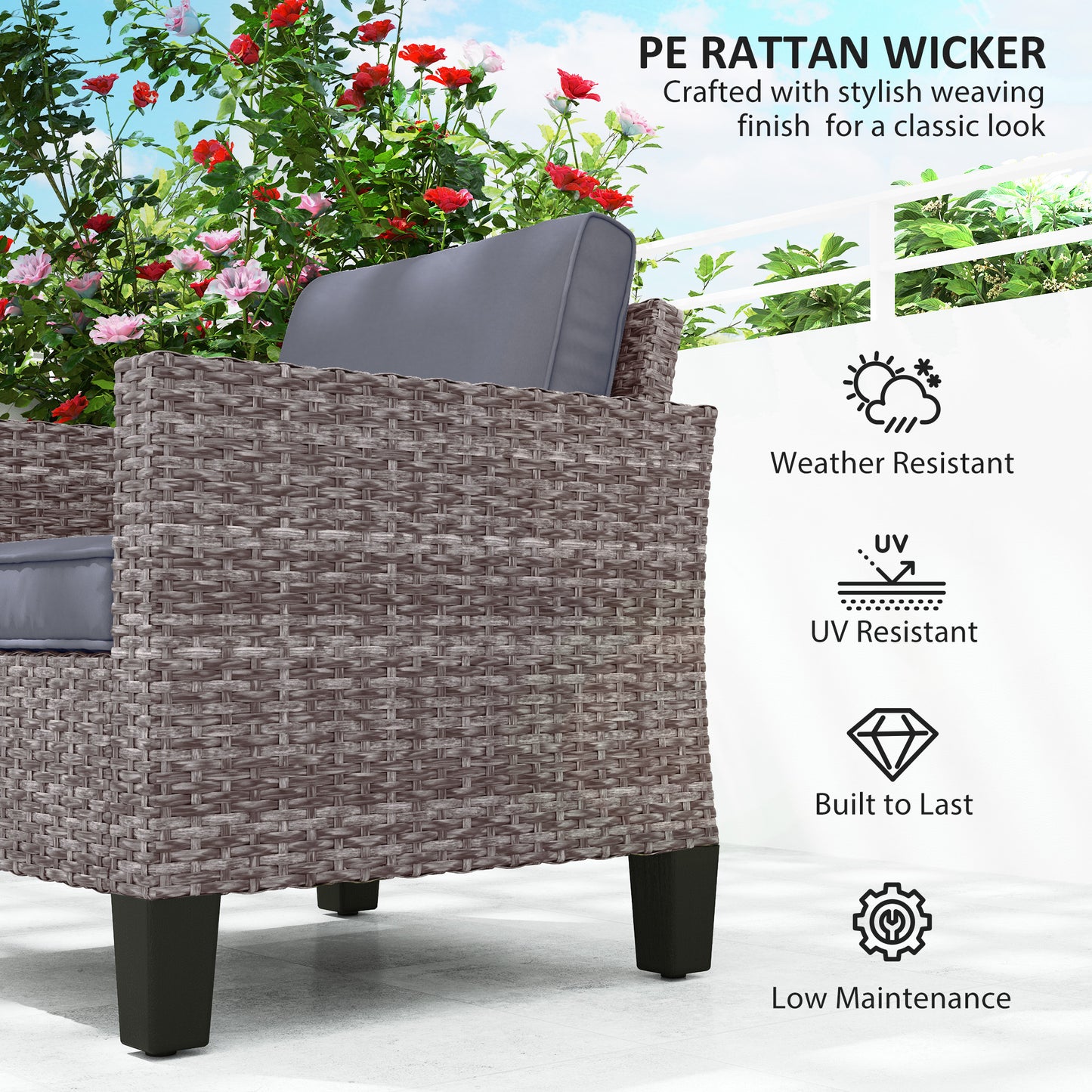 Fotel Outsunny Single Rattan z poduszkami - Mieszany Szary