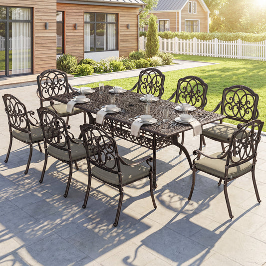 Outsunny 9 Piece Cast Aluminium Garden Dining Set, Garden Table and Chairs Set with Cushions, Parasol Hole for Patio, Bronze Tone
