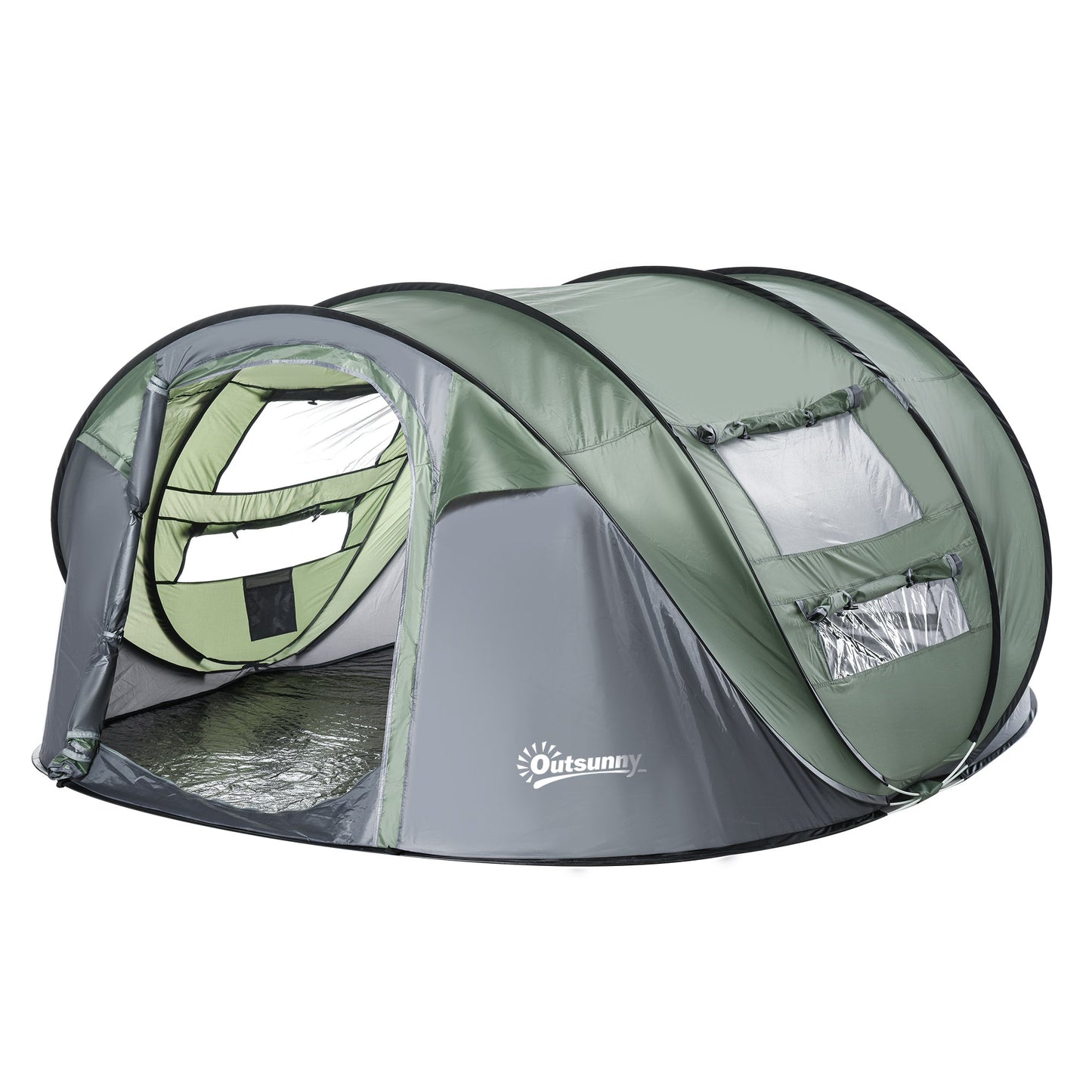 Outsunny 4-5 Person Pop-up Camping Tent Waterproof Family Tent w/ 2 Mesh Windows & PVC Windows Portable Carry Bag for Outdoor Trip, Dark Green