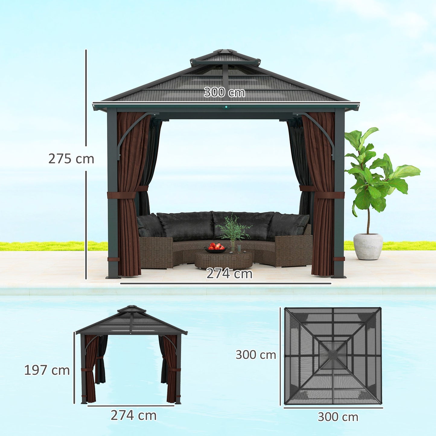 Outsunny 3 x 3(m) Hardtop Gazebo Canopy z 7mm podwójnym dachem z poliwęglanu, stały pawilon ogrodowy z moskitierą i zasłonami na patio, taras, brązowy