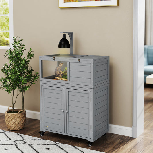 PawHut Wooden Tortoise House with Storage Cabinet, Openable Top, Lamp Holder, Windows, Light Grey