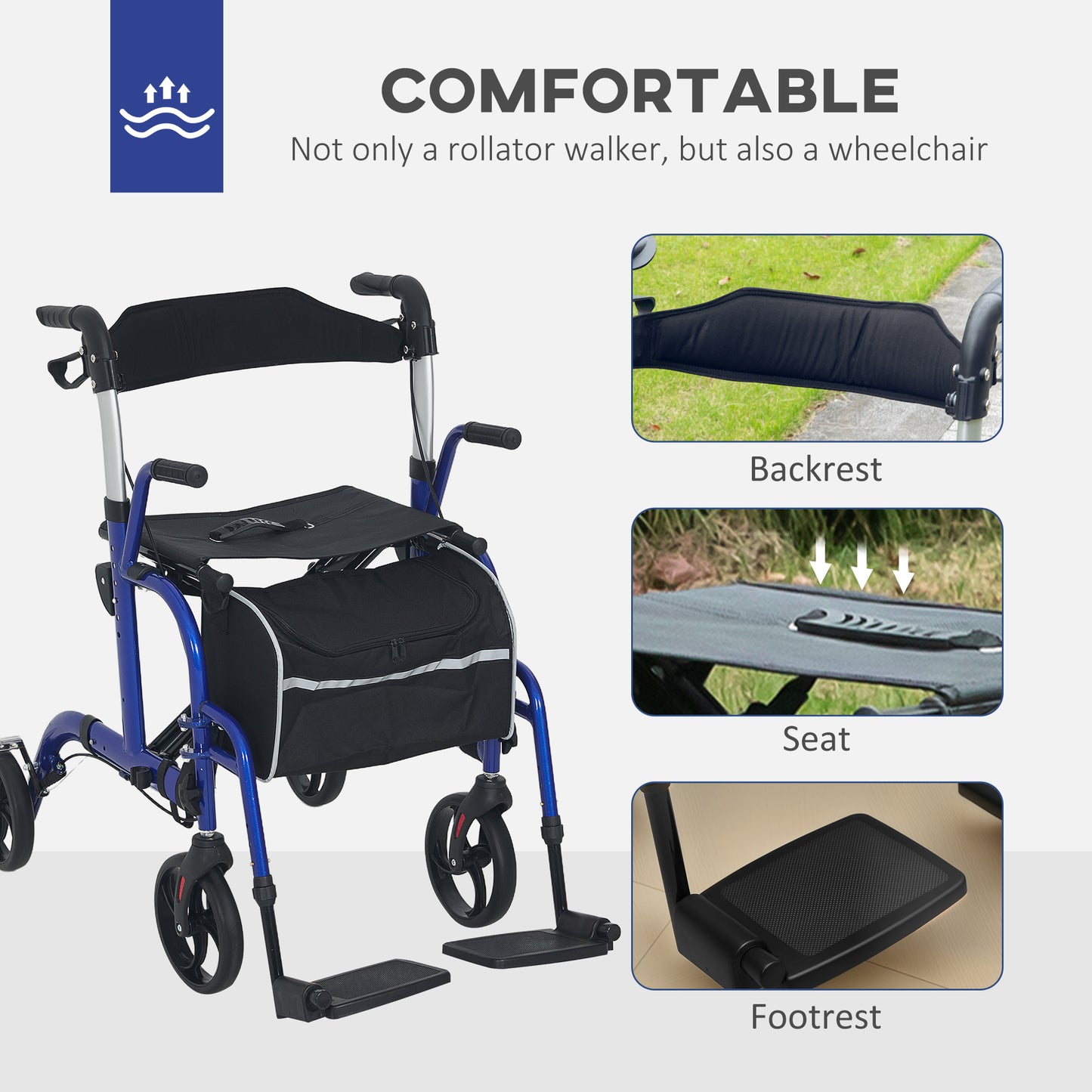 HOMCOM 2 in 1 Wheelchair Transport Chair & Folding Rollator Walker with Seat, Backrest, Footrest, Lightweight Walking Frame with Bag, Adjustable Height, 4 Wheeled Walker for Seniors, Pearl Blue