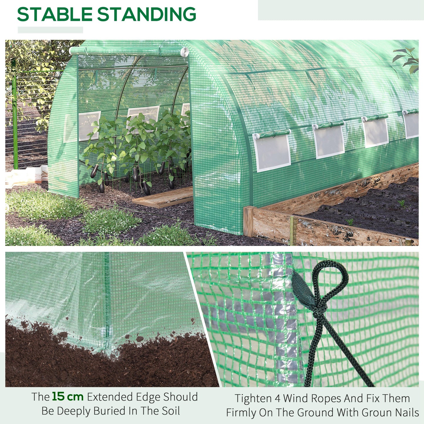 Outsunny Polytunnel Greenhouse Walk-in Grow House Tent z rolowanymi ścianami bocznymi, drzwiami zamykanymi na zamek błyskawiczny i 8 oknami, 4x3x2m, zielony