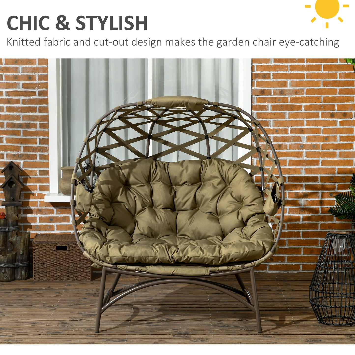 Fotel ogrodowy Outsunny 2-osobowy Egg Chair Outdoor, składany, pleciony, z poduszką i kieszeniami na kubki – khaki