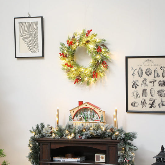 HOMCOM 60 cm Prelit Christmas Wreath, Door Wreath with Realistic Branches, 30 Warm White LEDs, Timer, Battery Operated