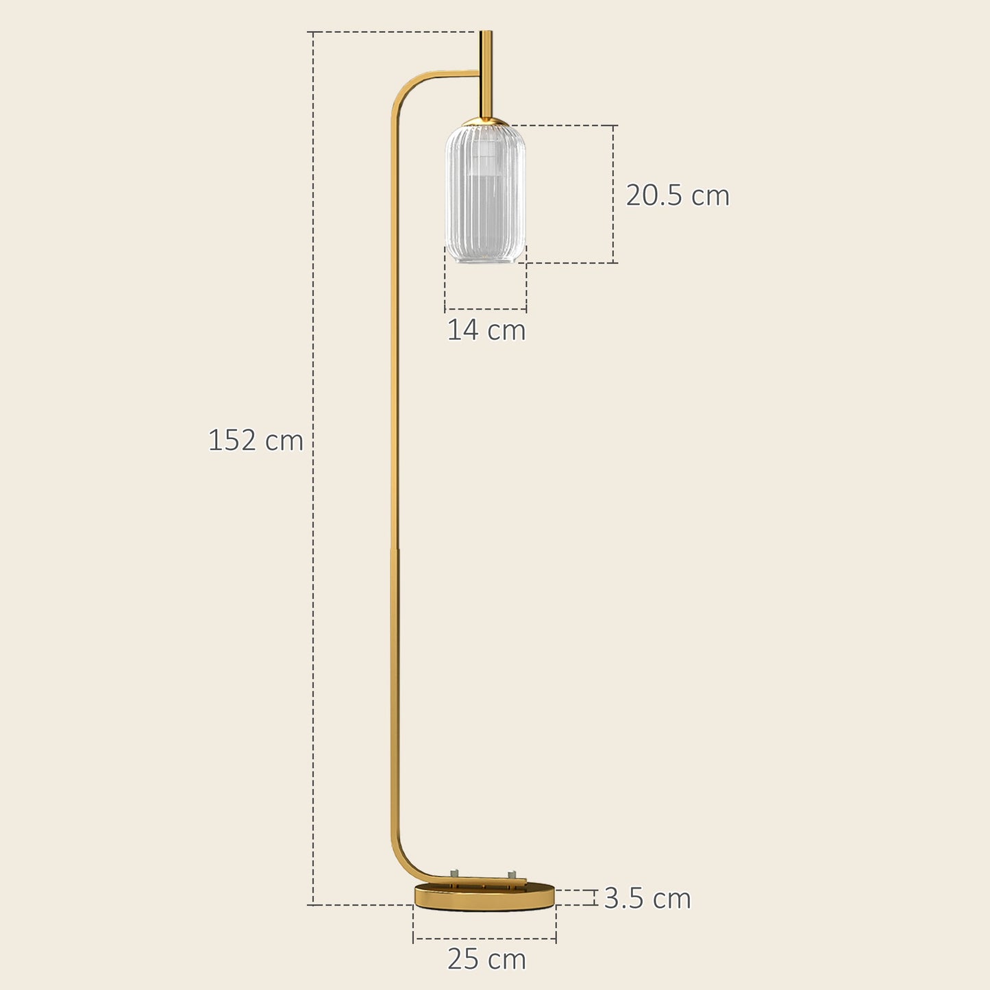 HOMCOM LED Floor Lamp for Living Room with Glass Lampshade, Modern Standing Lamp with Foot Switch, Adjustable Brightness, 2700K for Bedroom, Gold Tone