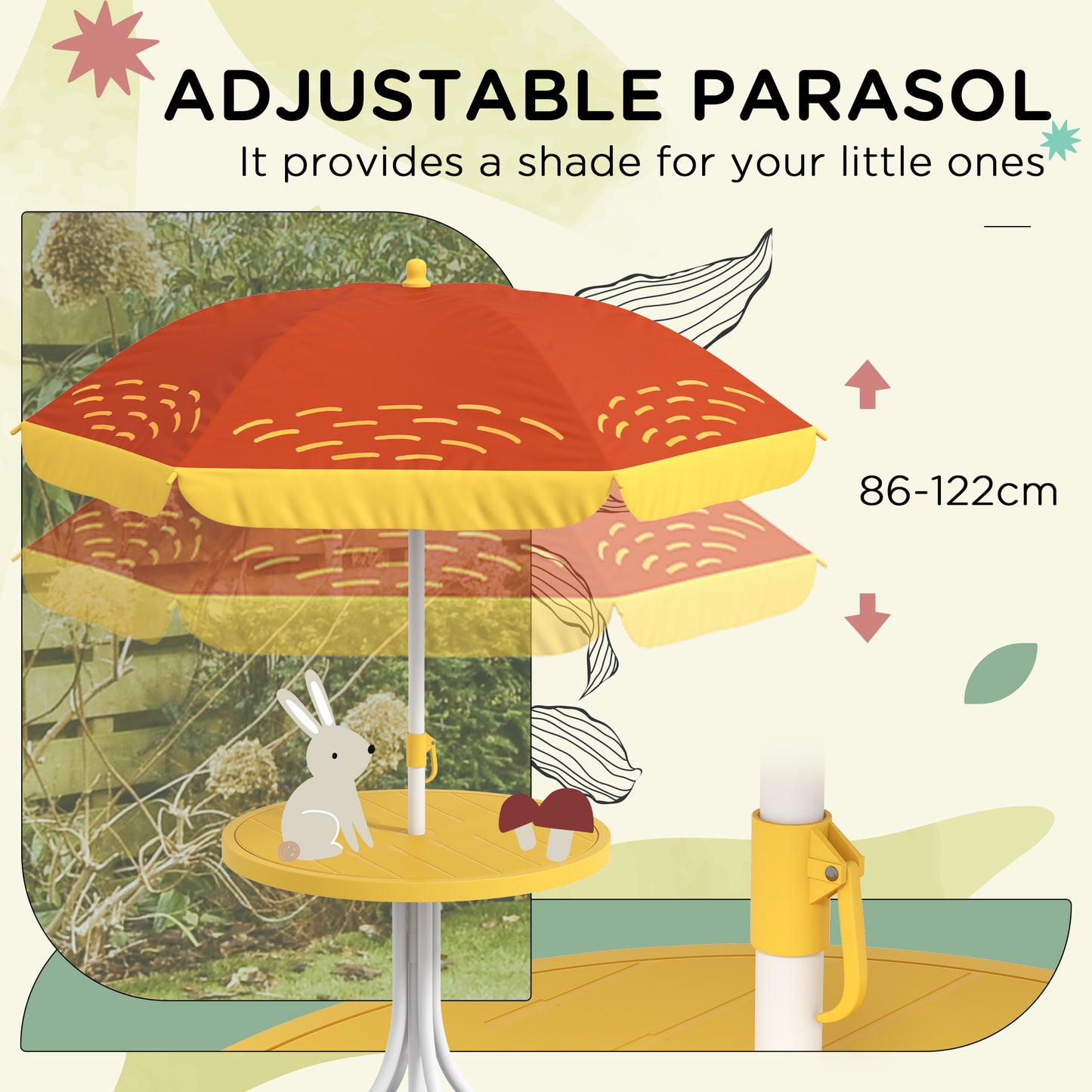 Zestaw piknikowy Outsunny Kids, stół i krzesła, meble ogrodowe z motywem lwa, składane krzesła, regulowany parasol - żółty