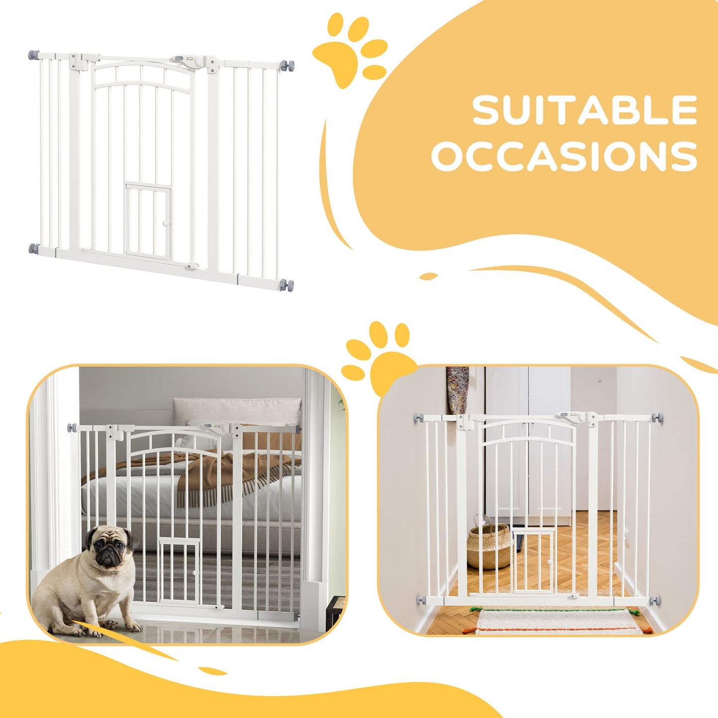 PawHut Pressure Fit Stair Dog Gate z drzwiczkami dla małych kotów, automatycznie zamykane drzwi, podwójna blokada, do otworów o szerokości 74-100 cm - biały