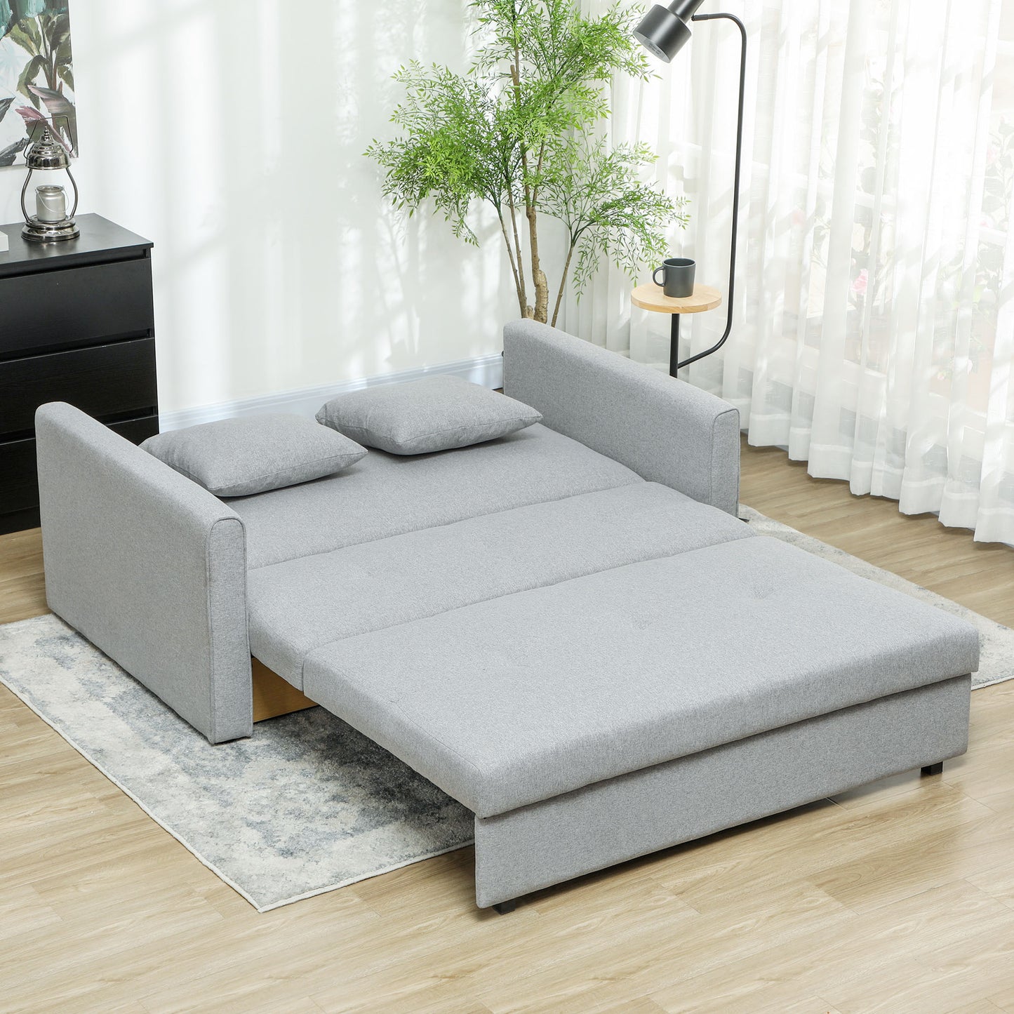 HOMCOM 2 Seater Sofa Bed, Convertible Bed Settee, Modern Linen Loveseat Sofa Couch with 2 Cushions, Hidden Storage for Living Room, Guest Room, Light Grey