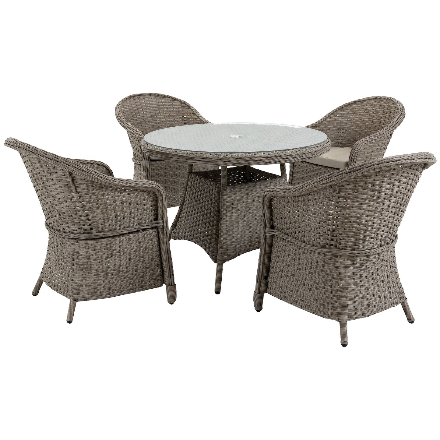 Zestaw mebli ogrodowych Outsunny 4 Seater Rattan z poduszkami, okrągły zestaw jadalny PE Rattan ze szklanym blatem, otworem na parasol, stół ogrodowy i krzesła, mieszany szary