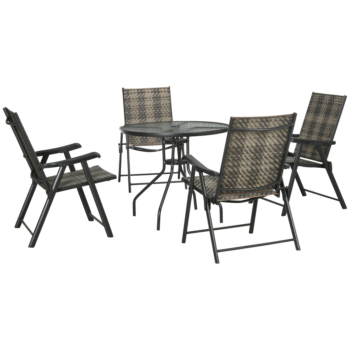 Zestaw jadalny Outsunny 4 Seater Rattan, zestaw mebli ogrodowych z rattanu z otworem na parasol, stół jadalny i krzesła zewnętrzne z 4 fotelami, okrągły szklany stół na patio, balkon, mieszany szary