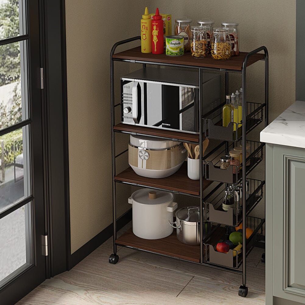 Sleek Black Microwave Rack with Four Tiers for Optimal Kitchen Organization