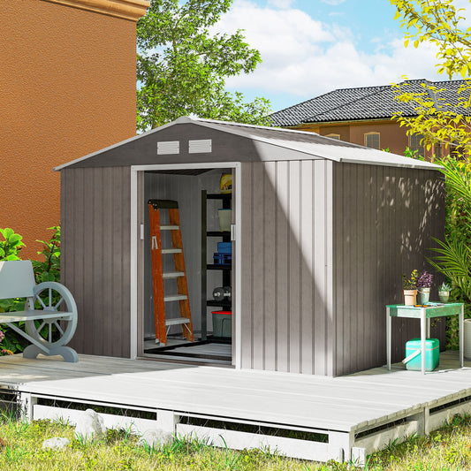 Outsunny 9 x 6ft Steel Garden Shed, Outdoor Storage Tool House with Vents, Foundation and Lockable Double Doors, Brown