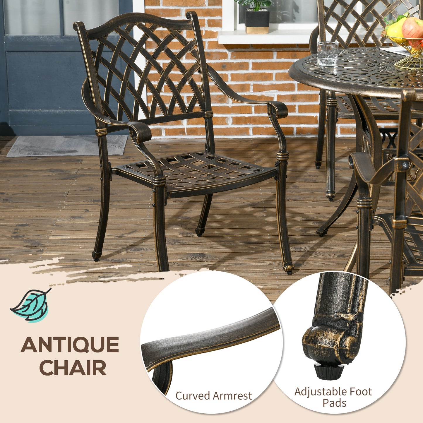 Outsunny 5-Piece Outdoor Furniture Dining Set, Cast Aluminum Conversation Set Includes 4 Chairs and â90cm Round Table with â50mm Umbrella Hole for Patio Garden Deck, Flower Design