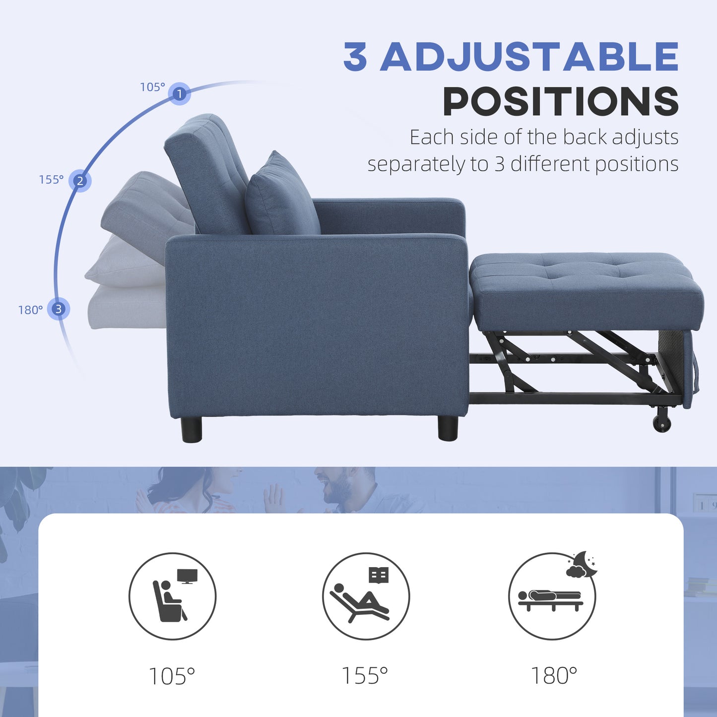 HOMCOM 3-In-1 Chair Bed, Convertible Sleeper Chair with Adjustable Backrest, Pillow and Footrest for Living Room, Blue