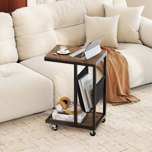 C-shaped Side Table on Wheels with Storage Pouch for Living Room and Bedroom-Rustic Brown