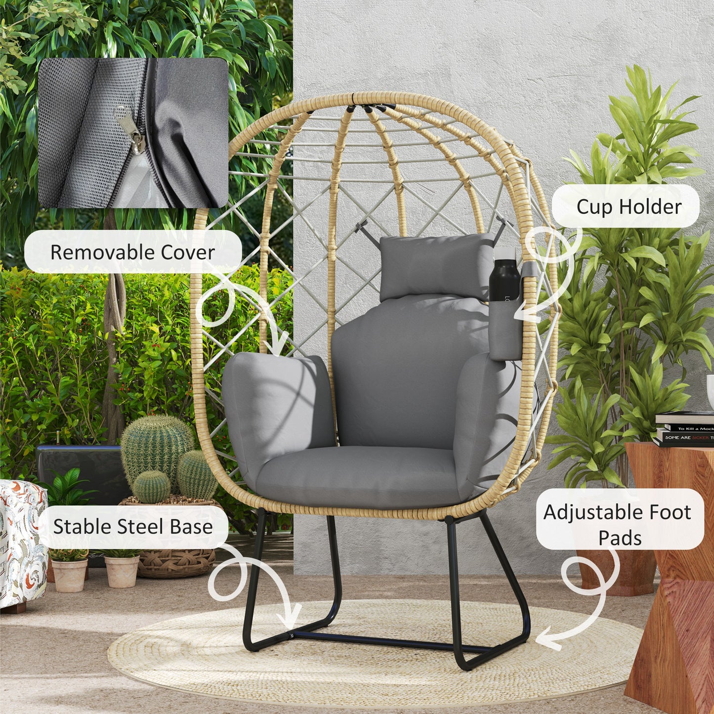Outsunny Rattan Egg Chair Outdoor Indoor Wicker Chair z pogrubioną poduszką i zagłówkiem, stojący ogrodowy Egg Chair z uchwytem na kubek, metalowa rama na patio, balkon, szary