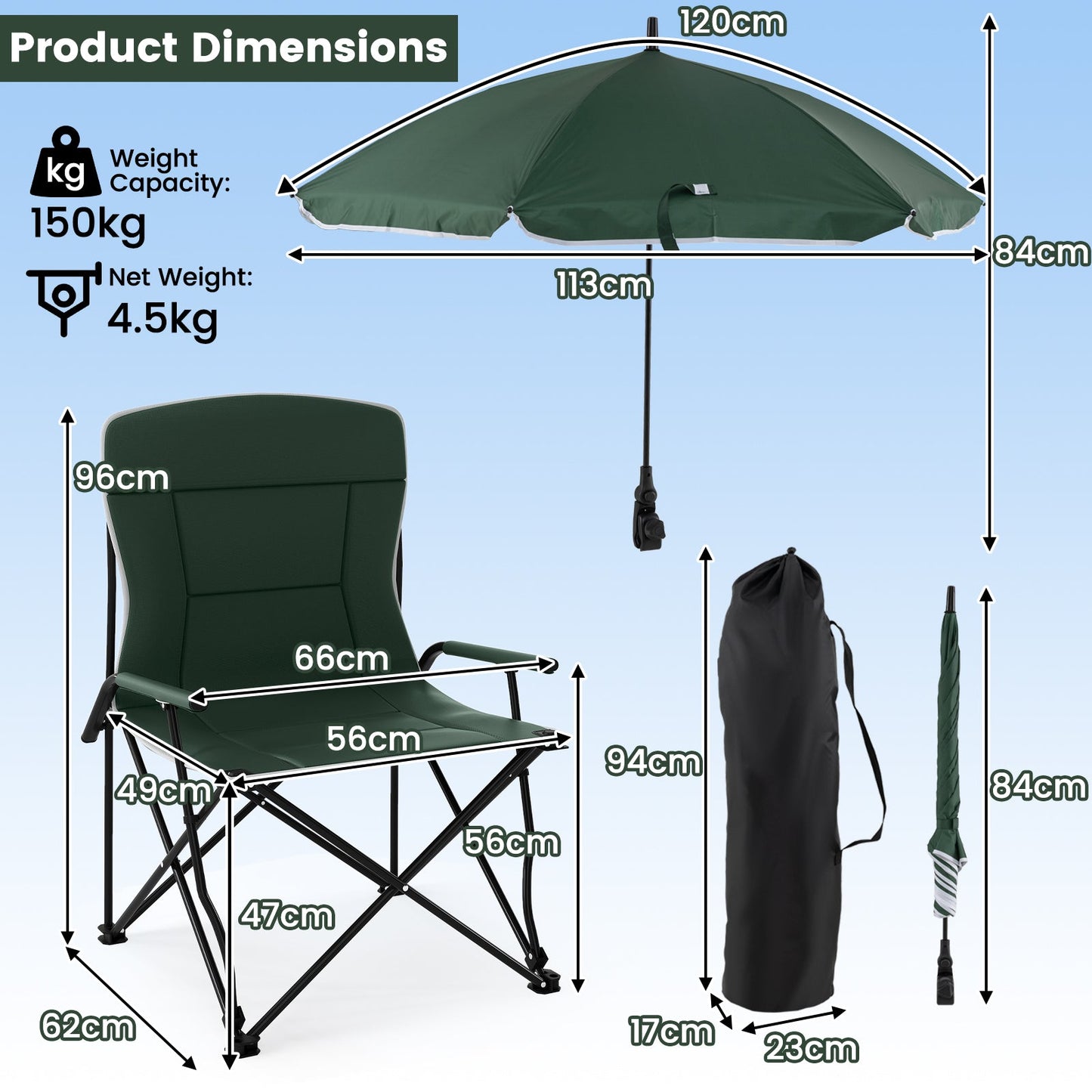 Camping Chair with Adjustable Umbrella and Portable Carrying Bag-Green