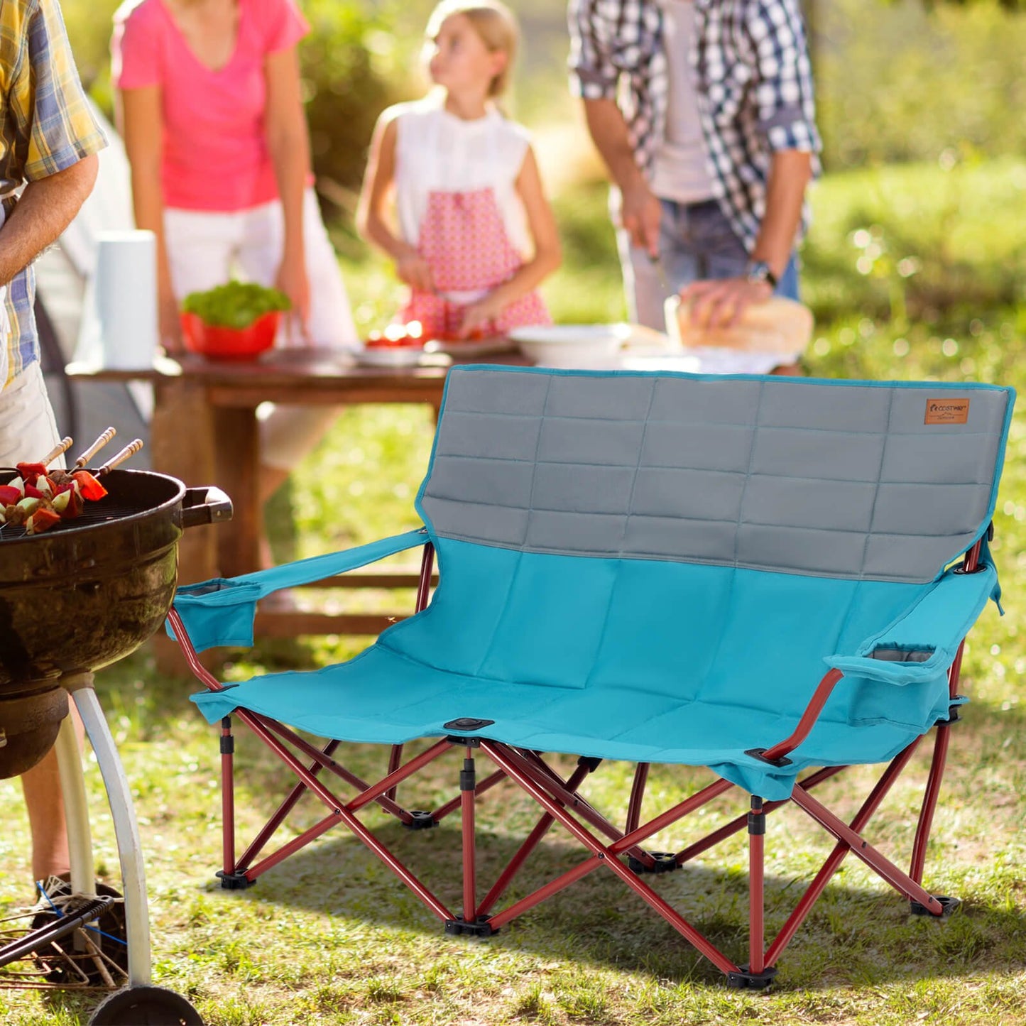 Oversized Camping Chair Folding Camping Couch with Cup Holders-Navy Blue