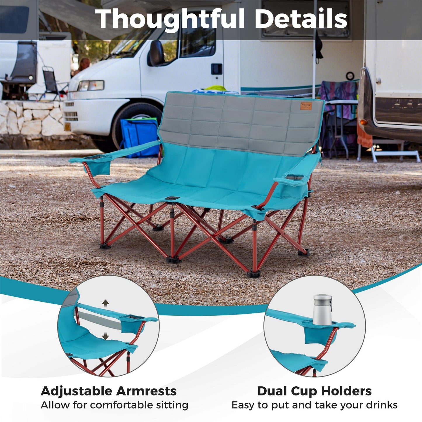 Oversized Camping Chair Folding Camping Couch with Cup Holders-Navy Blue