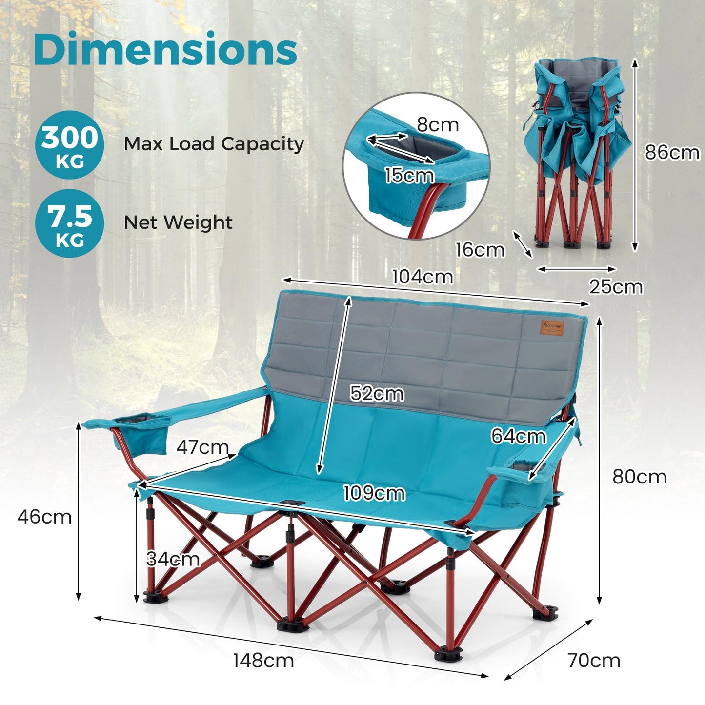 Oversized Camping Chair Folding Camping Couch with Cup Holders-Navy Blue