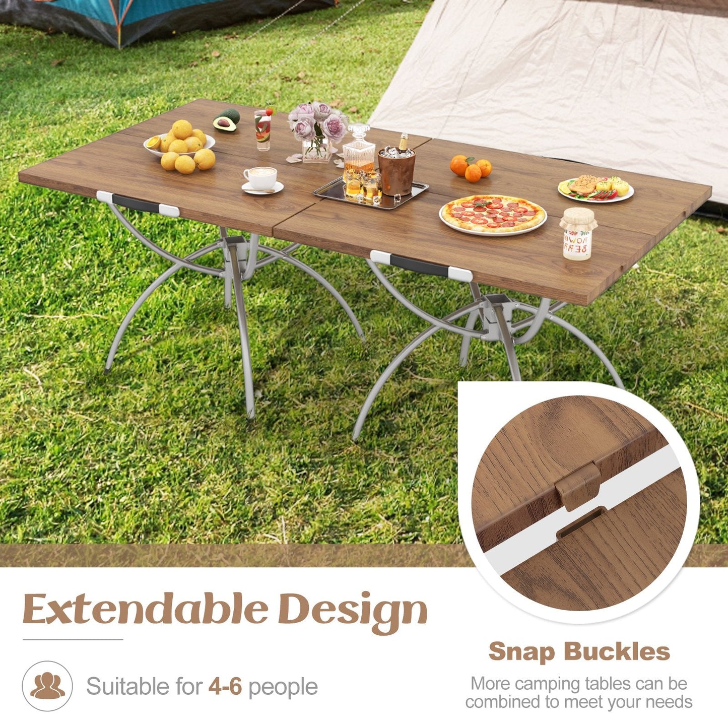 Foldable Picnic Table with Extendable Design and Wood-grain Tabletop for Hiking Fishing BBQ Party-Coffee