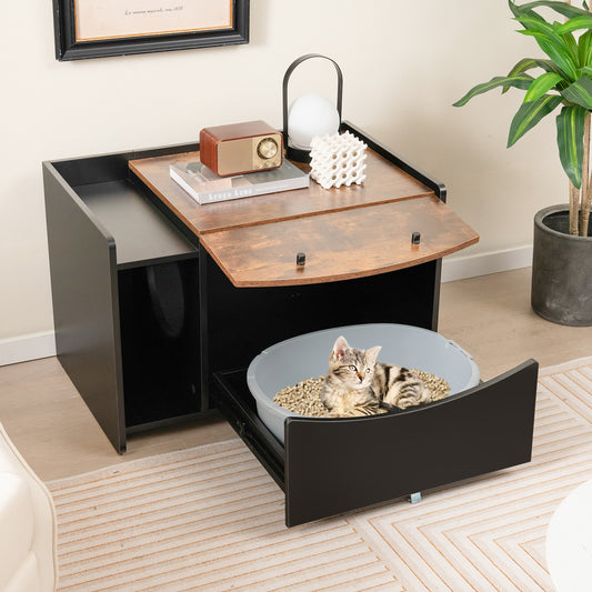 Cat Litter Box Enclosure with Pull-out Drawer, Rolling Caster and Flip Door-Black & Brown