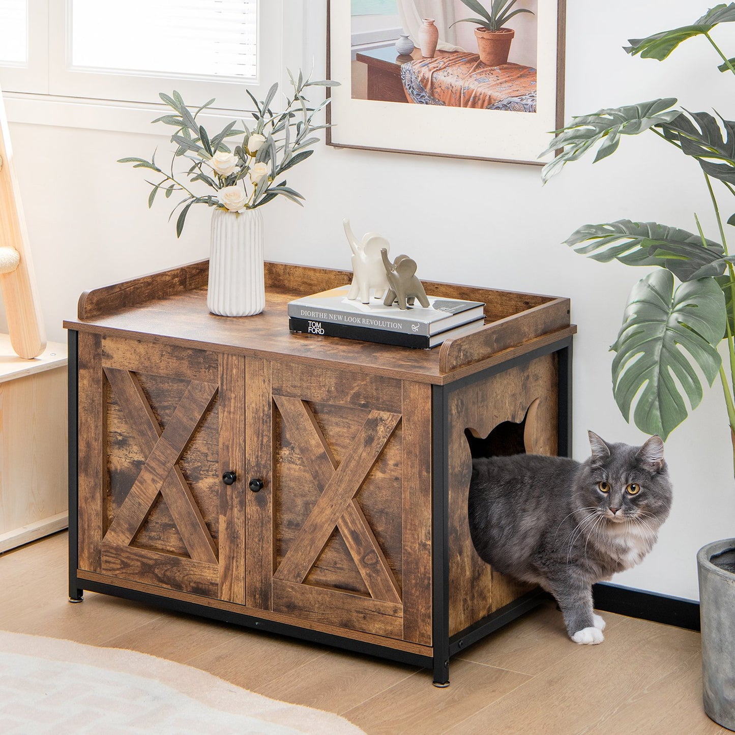 Cat Litter Box Enclosure with Double Doors, Adjustable Footpads-Coffee