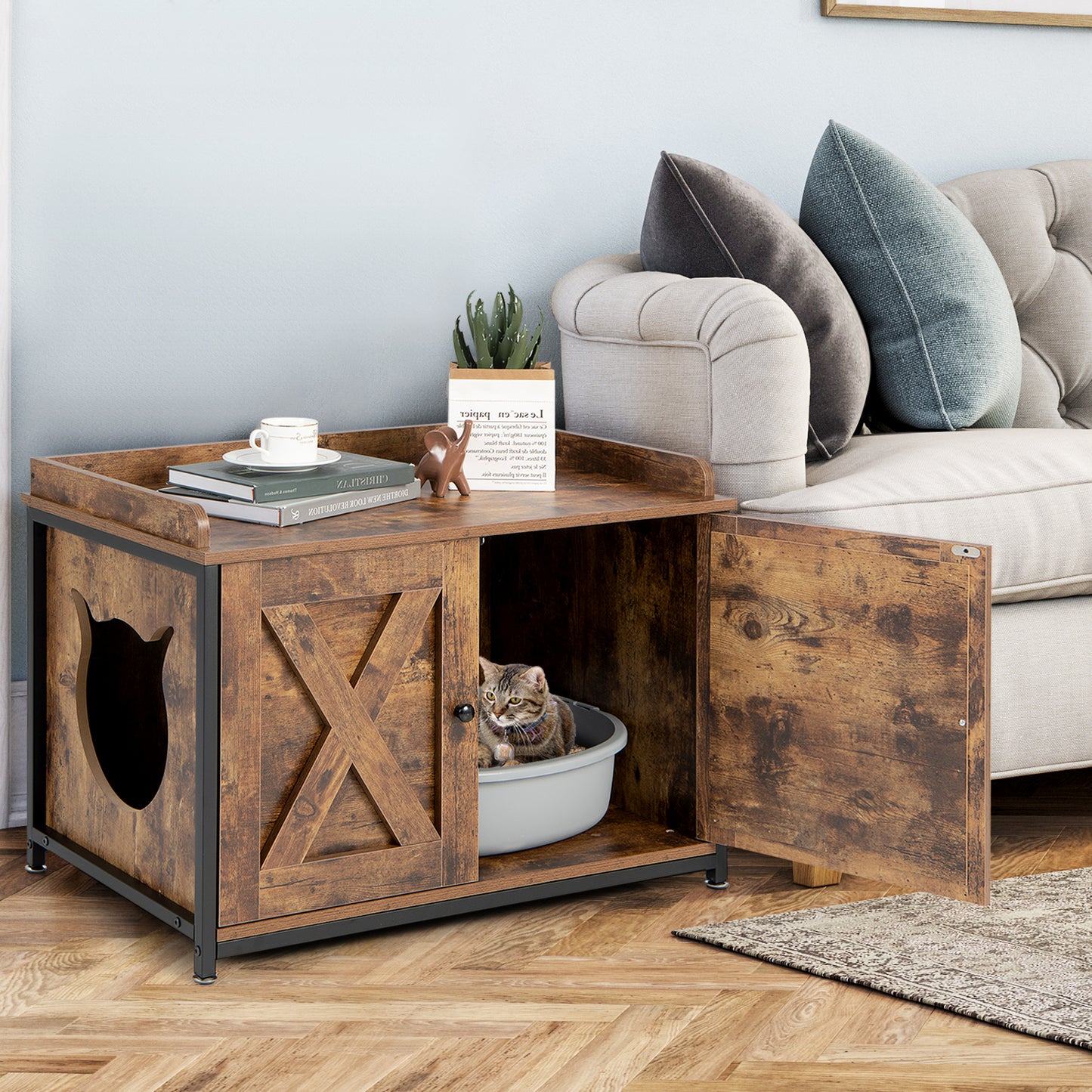 Cat Litter Box Enclosure with Double Doors, Adjustable Footpads-Coffee