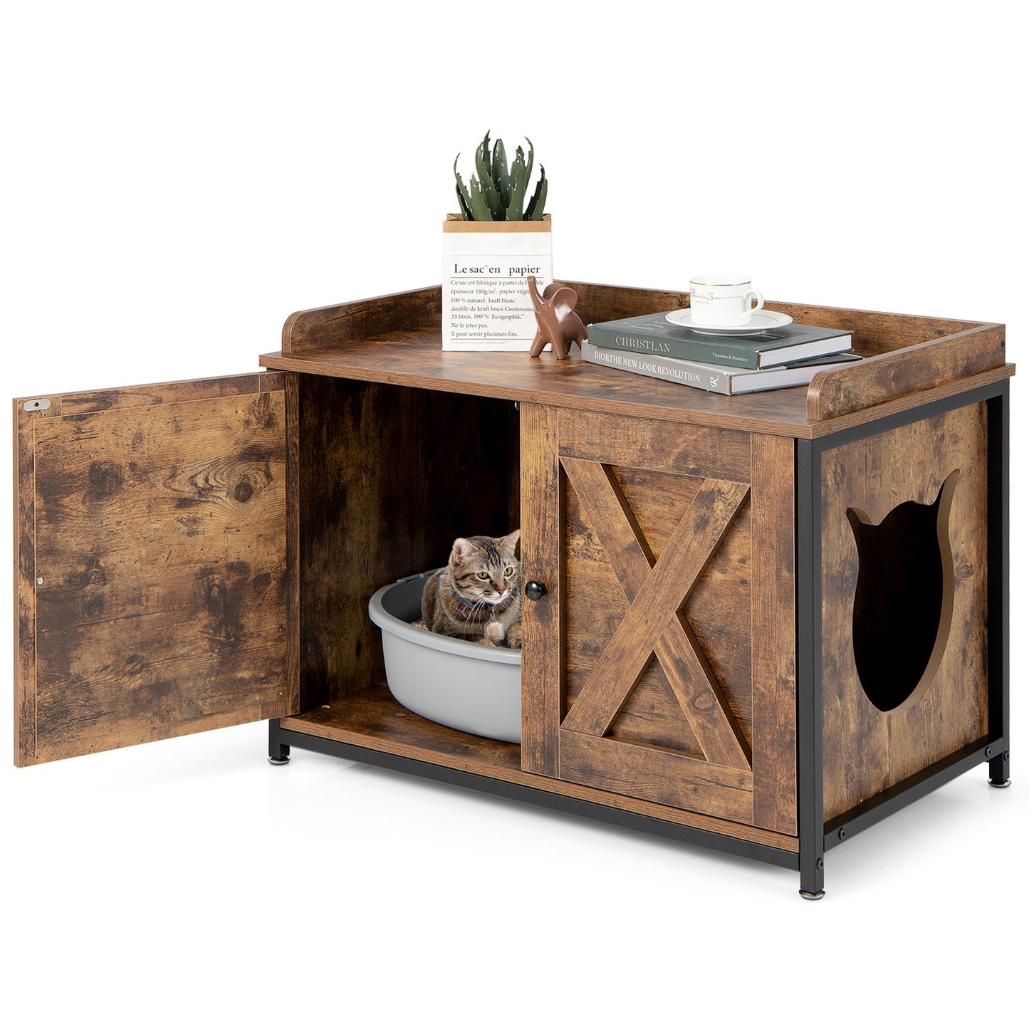 Cat Litter Box Enclosure with Double Doors, Adjustable Footpads-Coffee