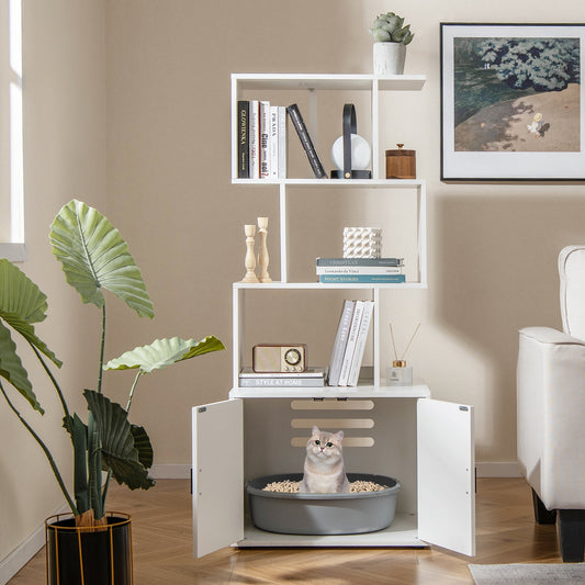 2-in-1 Hidden Cat Litter Box Enclosure with 3 Open Shelves-White