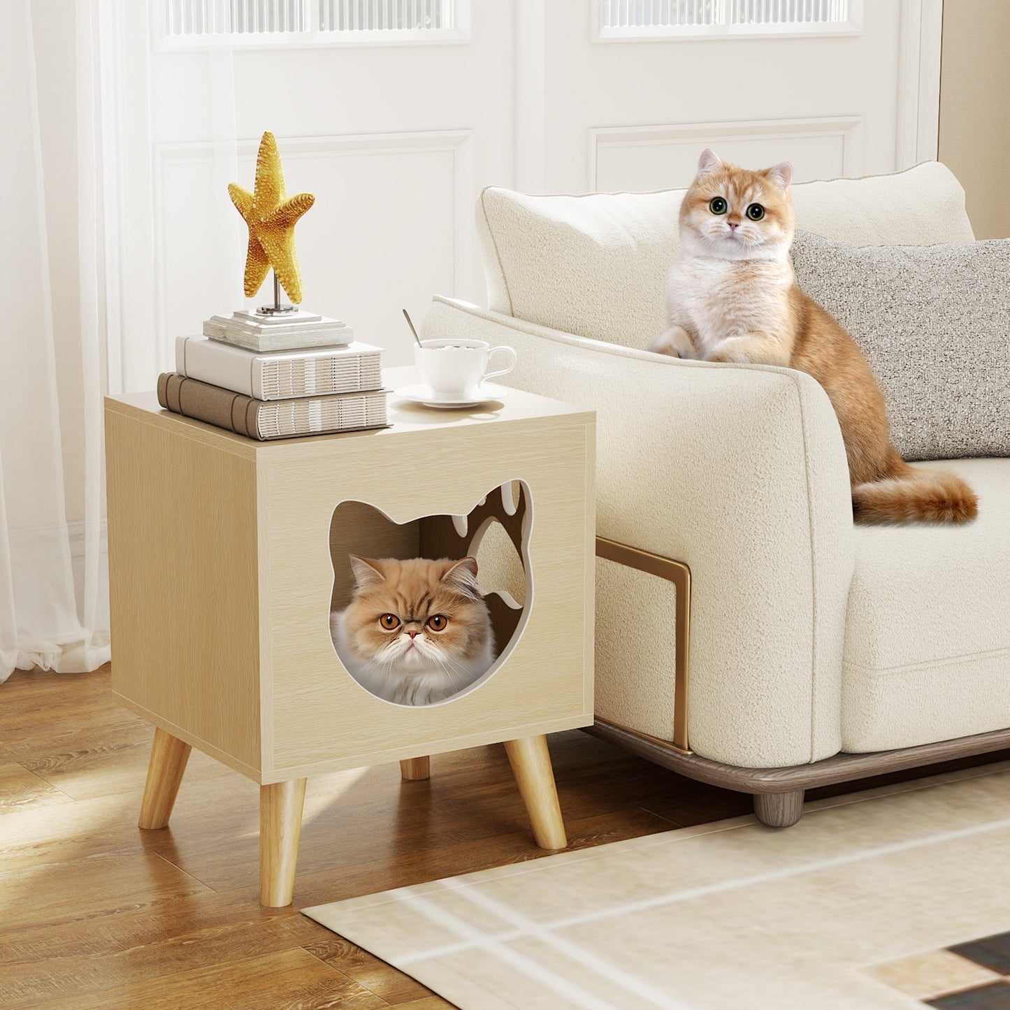 Cat Litter Box Enclosure with Rubber Wood Legs and Detachable Top
