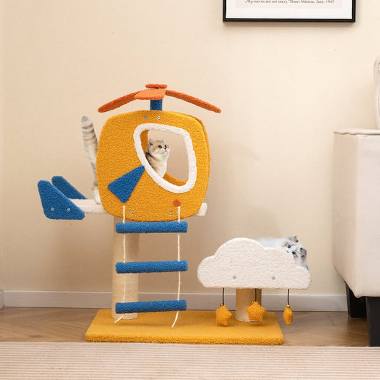 Aviation-themed Cat Tree for Indoor Cats with Helicopter Top Perch-Yellow