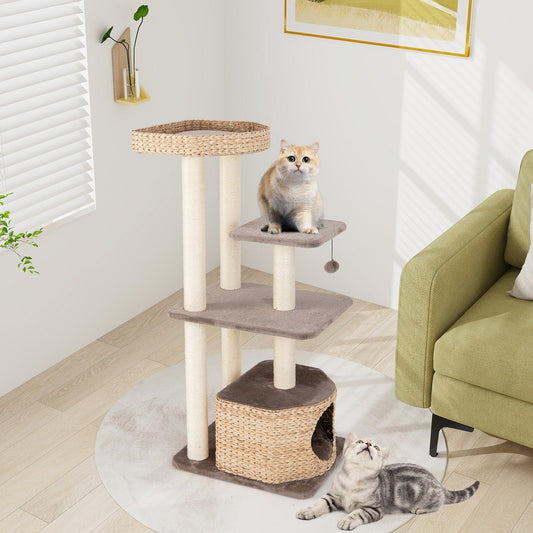 Cattail Cat Tower with Sisal Scratching Posts Perch Condo and Dangling Ball-Coffee
