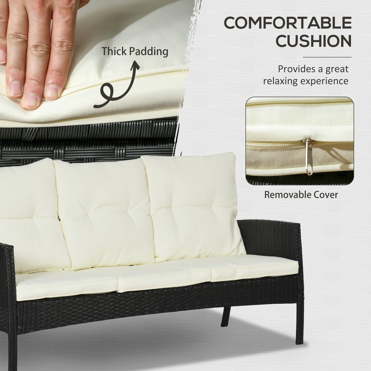 Zestaw mebli ogrodowych Outsunny 5 Seater Rattan, 2 fotele, 3-osobowa sofa wiklinowa, 2 podnóżki i szklany stolik, 6-częściowy zestaw mebli ogrodowych z rattanu z poduszkami do ogrodu zimowego, biały