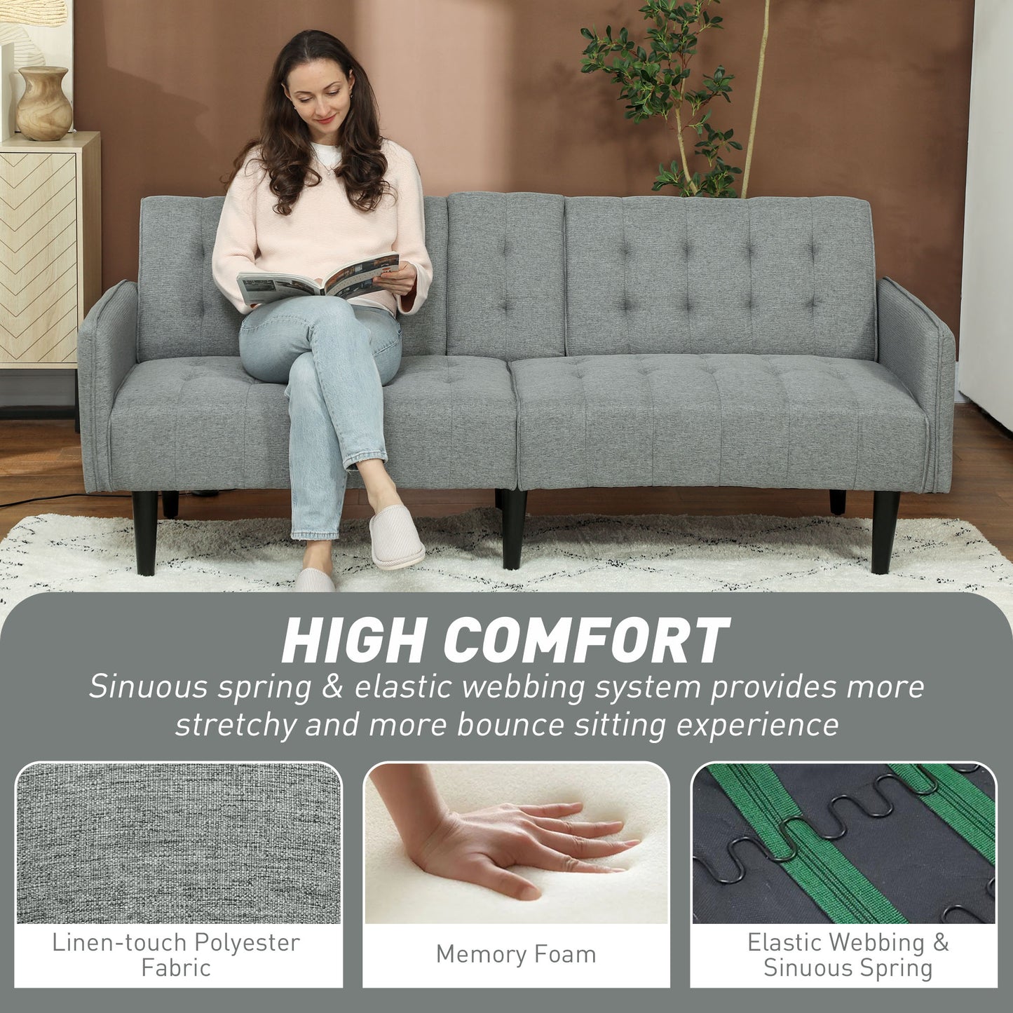 HOMCOM Upholstered Click Clack Sofa Bed, Linen-Feel 3 Seater Sofa Bed with Storage and Cupholders, Light Grey