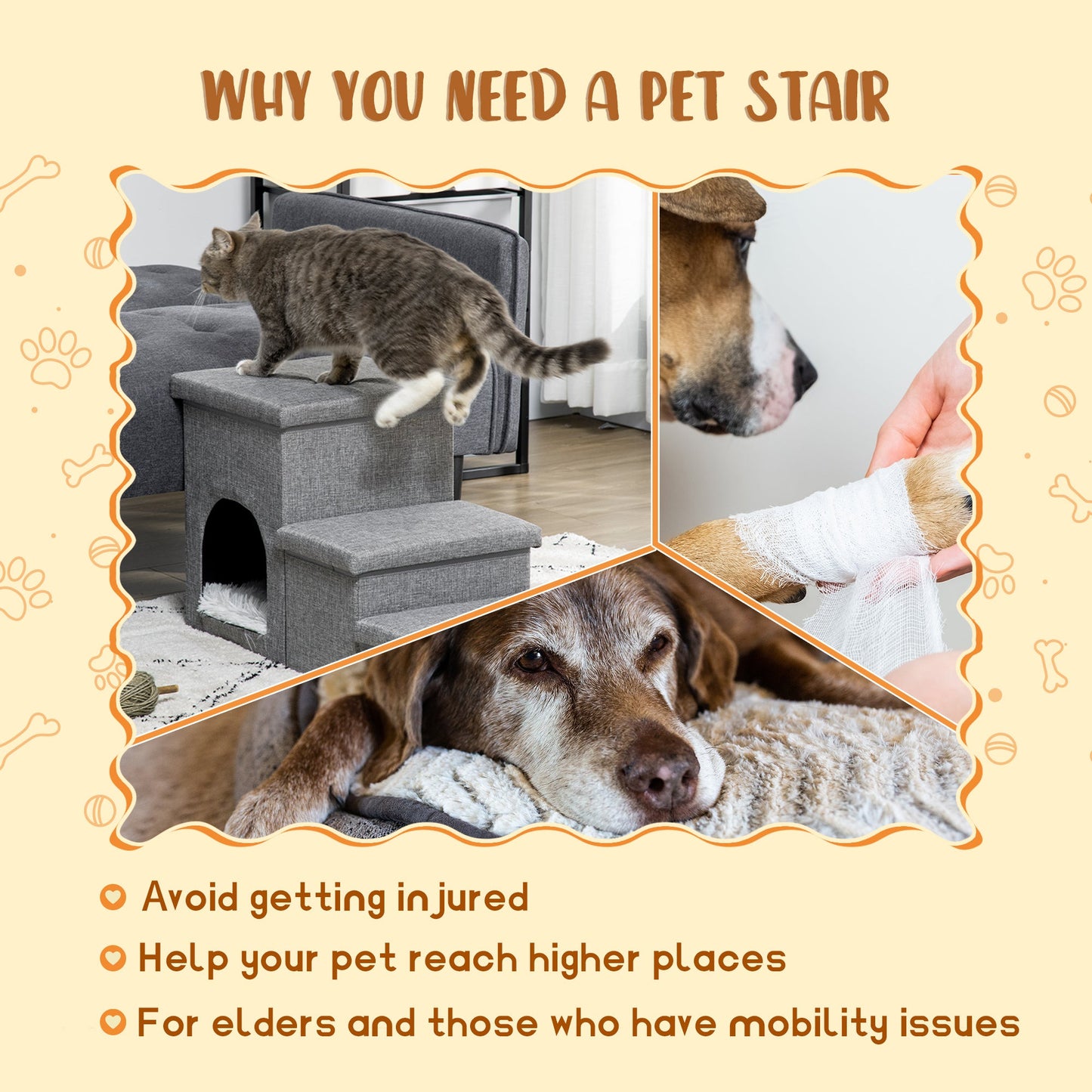 PawHut Dog Steps 3-stopniowe schody dla zwierząt z domkiem dla kociąt i 2 schowkami, rampa dla psa 3 w 1 na sofę ze zmywalną pluszową poduszką