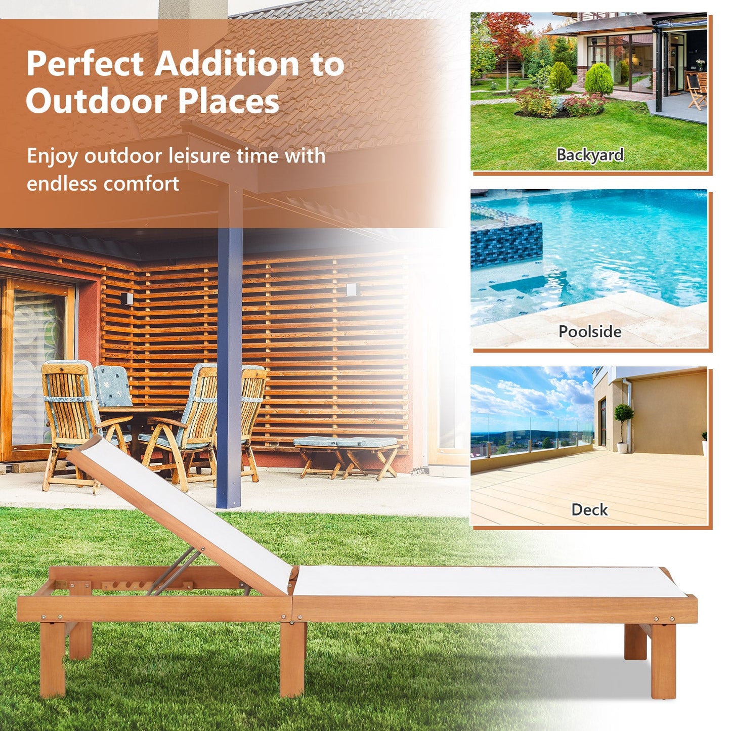 Solid Wood Back Adjustable Patio Lounge Chair