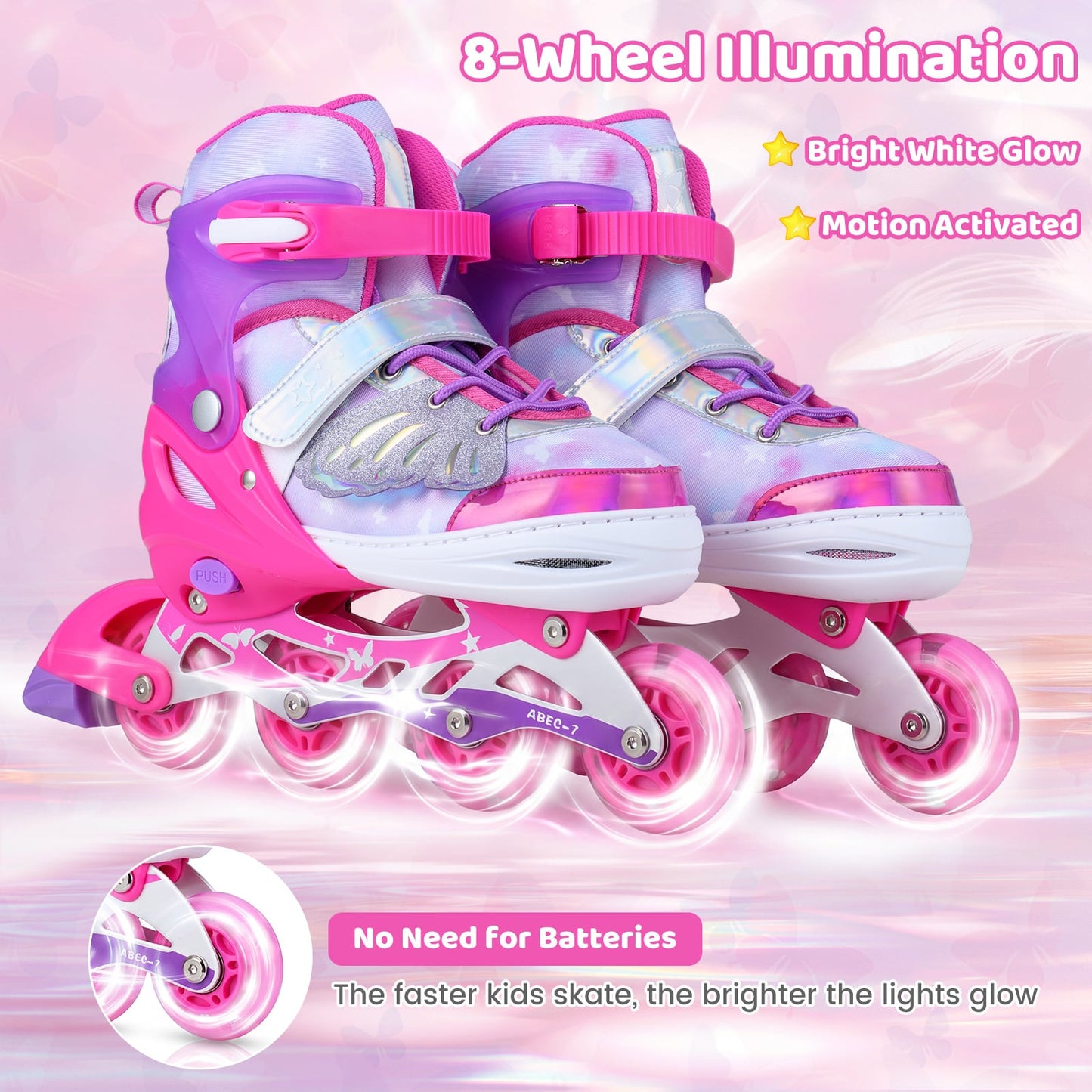 Children Roller Blades with Full Light Up PU Wheels and Brake for Beginners-Pink