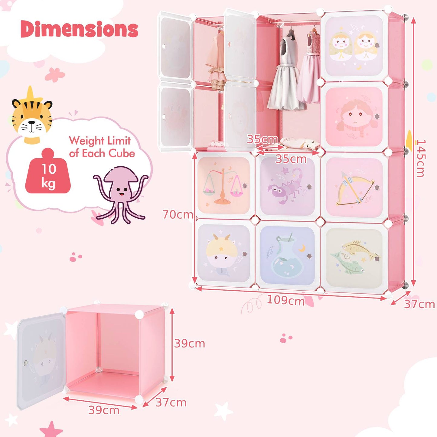 Children 12-Cube Wardrobe Baby Dresser Kids Bedroom Armoire-Pink
