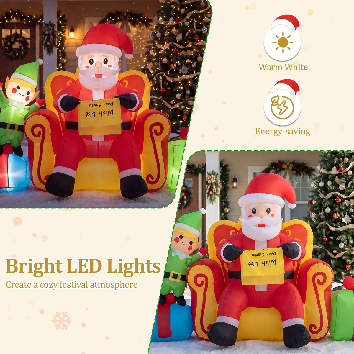 Christmas Inflatable Santa Claus on Sofa with Elf and Gift Boxes Built-in LED Lights