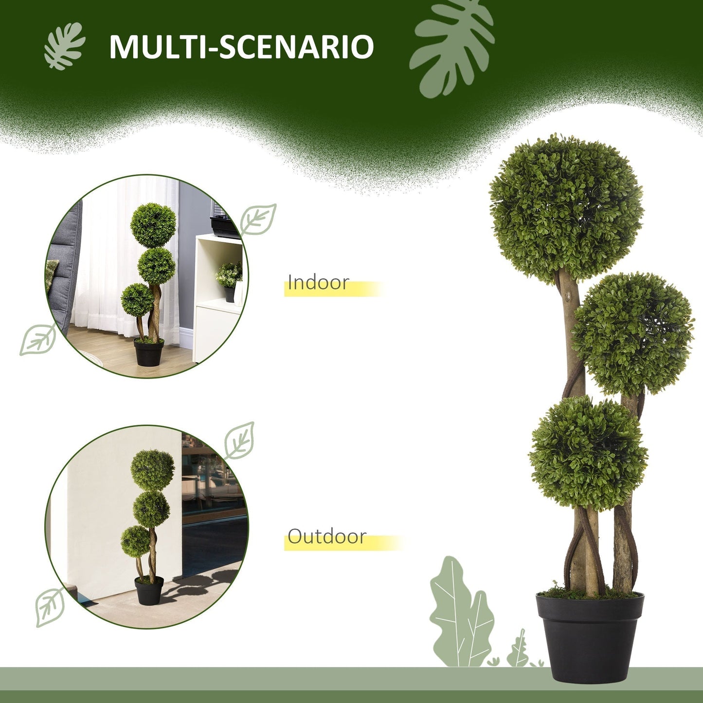 HOMCOM Set of 2 Decorative Artificial Plants, Boxwood Ball Topiary Trees in Pot Fake Plants for Home, Indoor&Outdoor Decor, 90 cm, Light Green