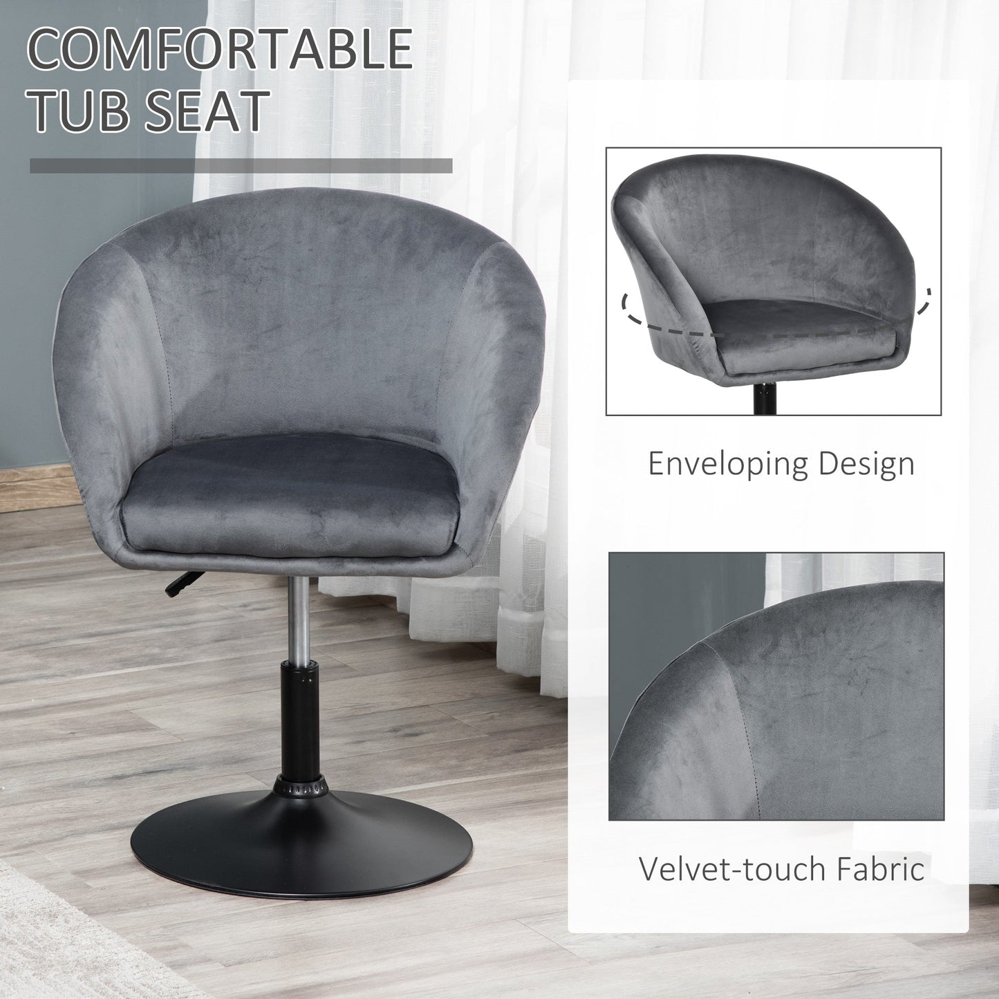 HOMCOM Dressing Table Chair, 360 Swivel Velvet-feel Upholstered Vanity Chair with Tub Seat, Back, Adjustable Height for Bedroom Makeup, Grey