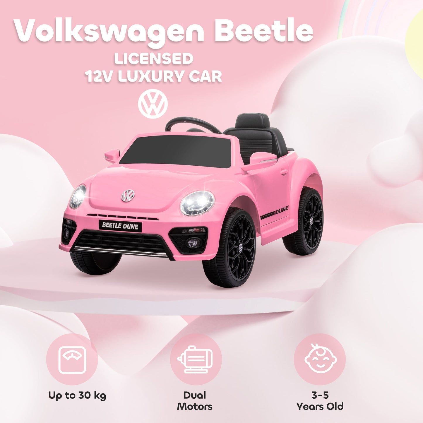 Samochód jeździk AIYAPLAY Volkswagen Beetle z licencją 12V, z pilotem, zawieszeniem kół, łagodnym rozruchem, światłami, muzyką, różowy