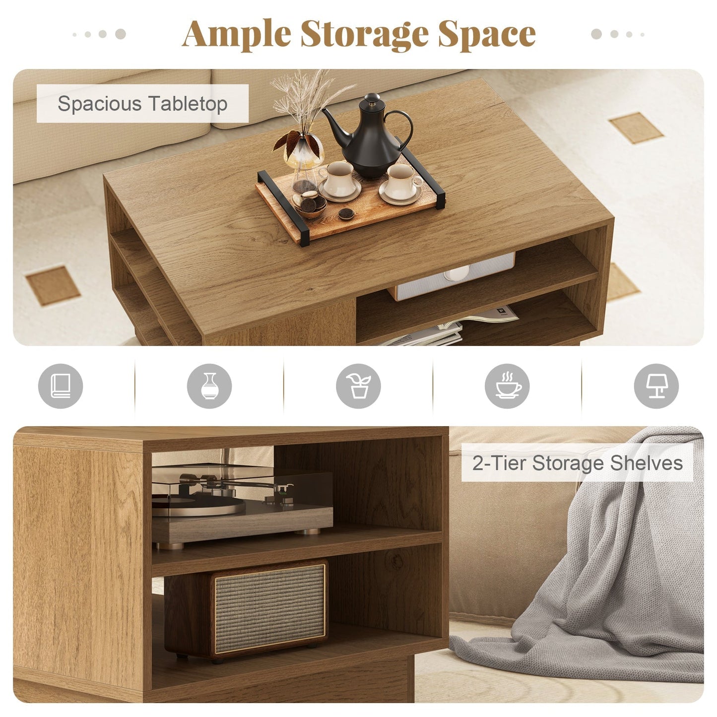 Wooden coffee table with storage space & open compartments living room table side table sofa table natural